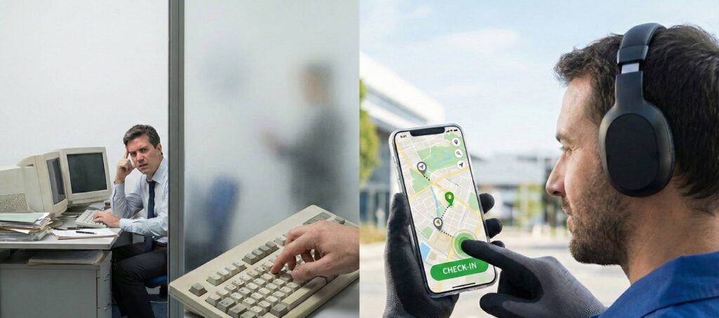 Immagine a schermo diviso. A sinistra, un impiegato frustrato alla scrivania con un vecchio computer e una tastiera ingombrante, separato da un vetro opaco. A destra, un lavoratore sereno all'aperto con cuffie e guanti da lavoro, che interagisce fluidamente con un'app di geolocalizzazione su smartphone.